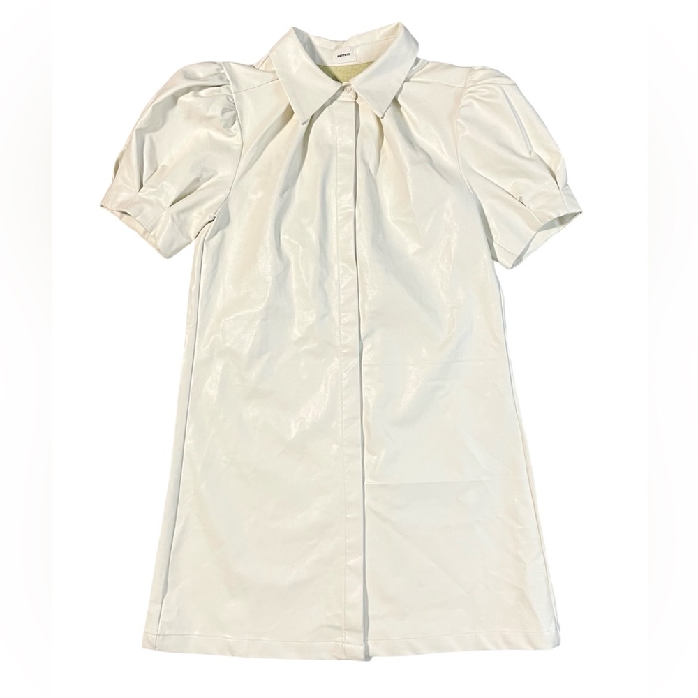 Aureum Ivory Faux Leather Puff Sleeves Mini Dress Size Small - Picture 3 of 6